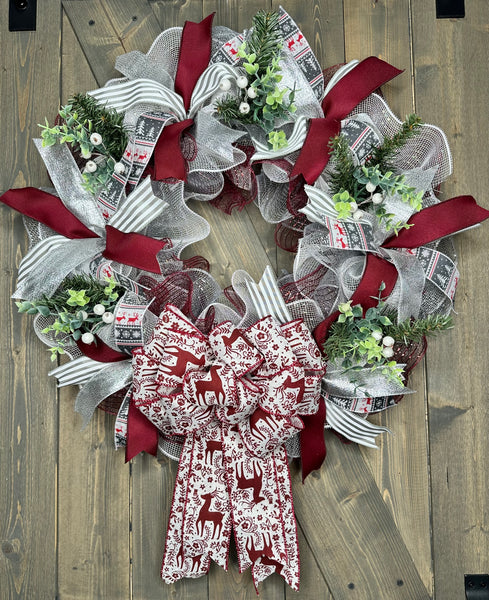 Silver & Red Deer Winter Chrsitmas Wreath