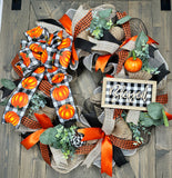 Thanksgiving Blessed Pumpkin Buffalo Plaid Autumn Front Door Wreath, MADE and Ready to ship