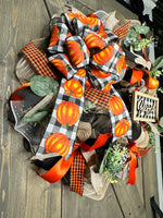 Thanksgiving Blessed Pumpkin Buffalo Plaid Autumn Front Door Wreath, MADE and Ready to ship