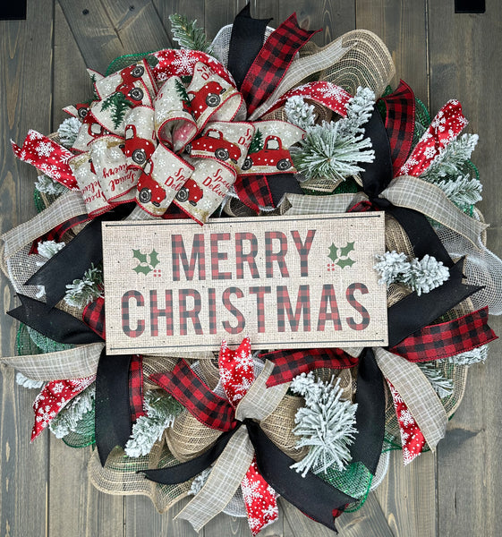 Red Farm Truck Christmas Front Door Welcome Farmhouse Wreath, MADE TO ORDER