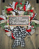 Merry Christmas Farmhouse Buffalo Check Plaid Wreath