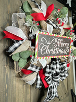 Merry Christmas Farmhouse Buffalo Check Plaid Wreath