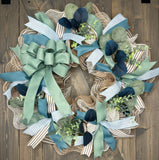 Any Season Country Sage Green & Smoky Blue Farmhouse Front Door Wreath, Made To Order
