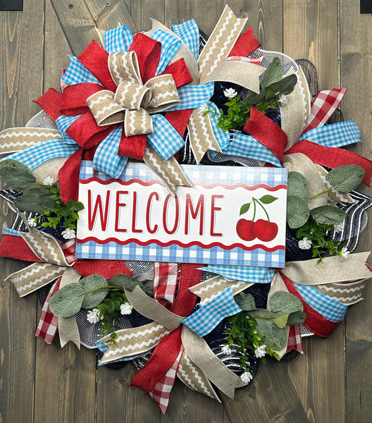 Welcome Cherry Americana Wreath, Made and Ready to Ship!