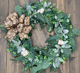 INTERCHANGABLE CLIP-ON BOW WREATH!  Any Season Grapevine Cotton Bud Farmhouse Wreath, Simple & Ellegant