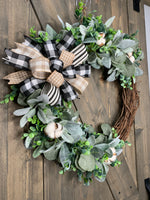 INTERCHANGABLE CLIP-ON BOWS! Any Season Grapevine Country Cotton Bud Wreath with Farmhouse Clip-On Bow