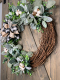 INTERCHANGABLE CLIP-ON BOWS! Any Season Grapevine Country Cotton Bud Wreath with Farmhouse Clip-On Bow