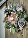 Hello Navy Any Season Country Rustic Farmhouse Wreath, MADE TO ORDER